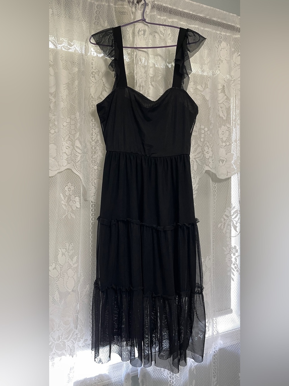 Black Tiered Mesh Ruffle Midi Dress | Tag Removed